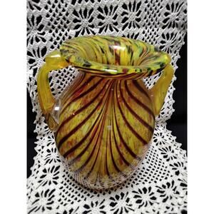 ART Glass Vase Yellow and Browns stretched with applied handles
